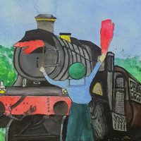 Promotional graphic for 'The Railway Children' play at The Albert Hall, featuring a stylized illustration of a steam locomotive with billowing smoke, set against a backdrop of rolling hills and a railway track.
