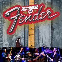 A striking banner celebrating “50 YEARS OF Fender.” The prominent Fender logo is rendered with a shiny, metallic chrome effect and edged in bold red. Above the logo, the phrase “50 YEARS OF” appears in a hand-lettered white font with a subtle black outline. Behind the logo, a weathered wooden backdrop in muted gray and green tones provides texture, with a partially visible electric guitar neck rising vertically behind the text. Along the bottom, a row of musicians is shown in live performance: two guitarists engrossed in playing their instruments, a keyboardist at a Yamaha keyboard, a bassist or second guitarist, and a drummer mid-play—all bathed in stage lighting that highlights their expressive engagement.